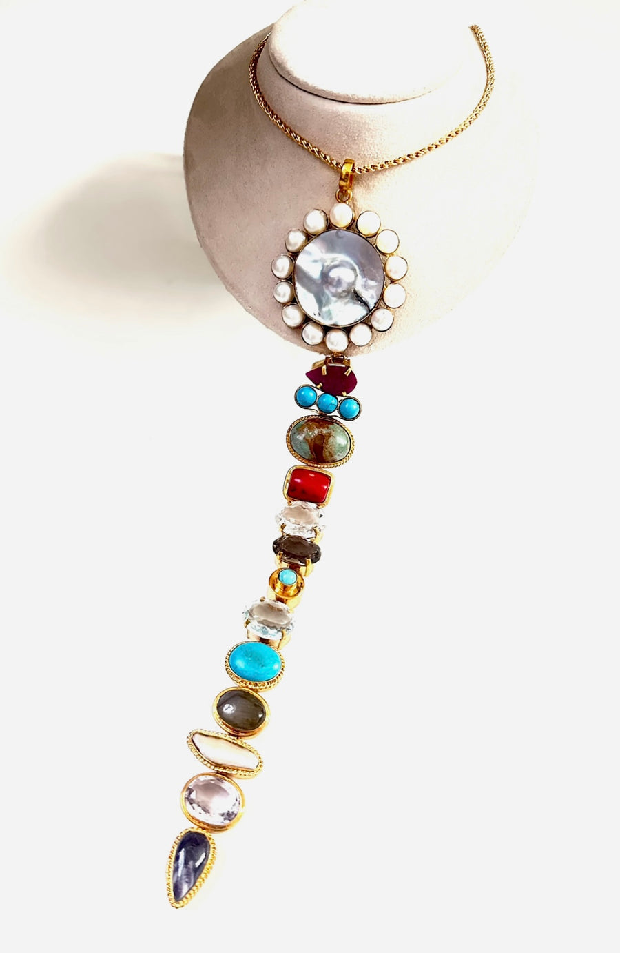 Gemstone Tie Necklace - Pearl Top - Stone Cooper