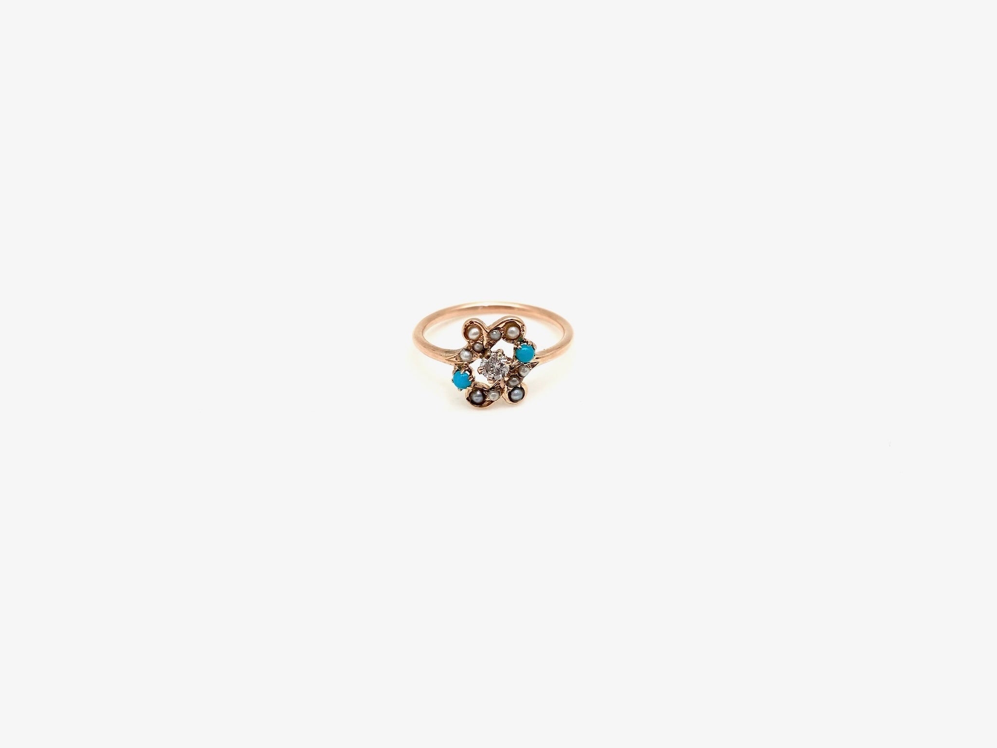 Turquoise, Seed Pearl, Rose-cut Diamond Ring (4.75) - Stone Cooper