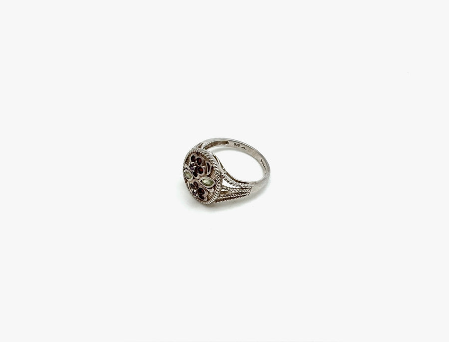 Silver Gemstone Flower Signet Ring (9.25) - Stone Cooper