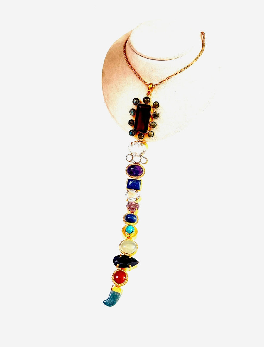 Gemstone Tie Necklace - Smoky Quartz and Labradorite Top - Stone Cooper