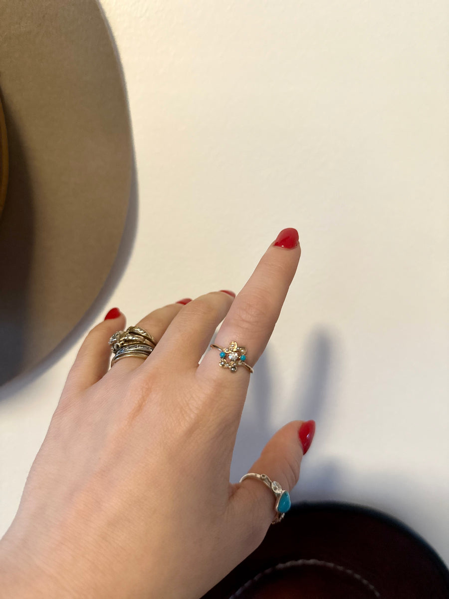 Turquoise, Seed Pearl, Rose-cut Diamond Ring (4.75) - Stone Cooper