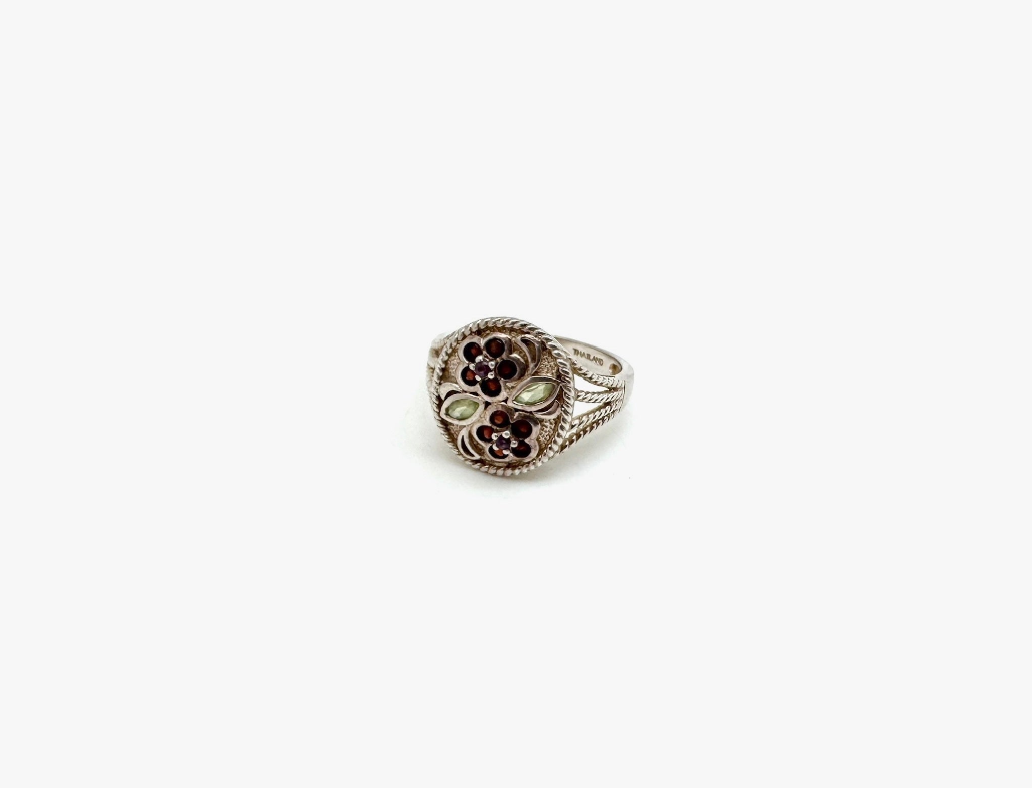 Silver Gemstone Flower Signet Ring (9.25) - Stone Cooper