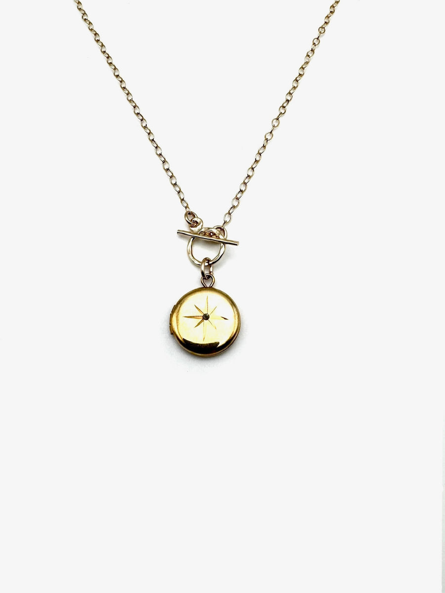 Vintage Gold Fill Round Diamond Locket Toggle Necklace - Stone Cooper