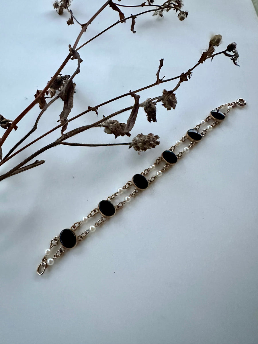 Gillian Onyx & Pearl Gold Fill Vintage Bracelet - Stone Cooper