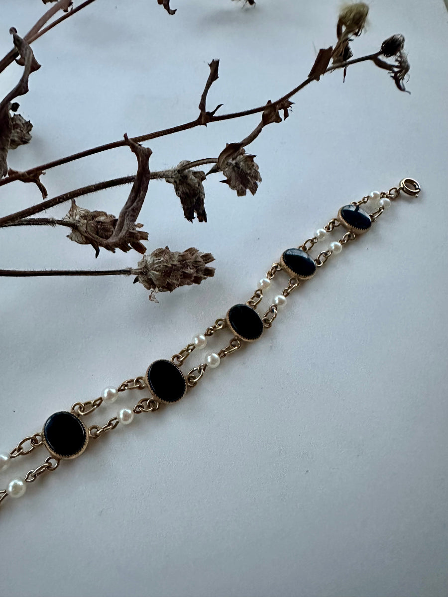 Gillian Onyx & Pearl Gold Fill Vintage Bracelet - Stone Cooper