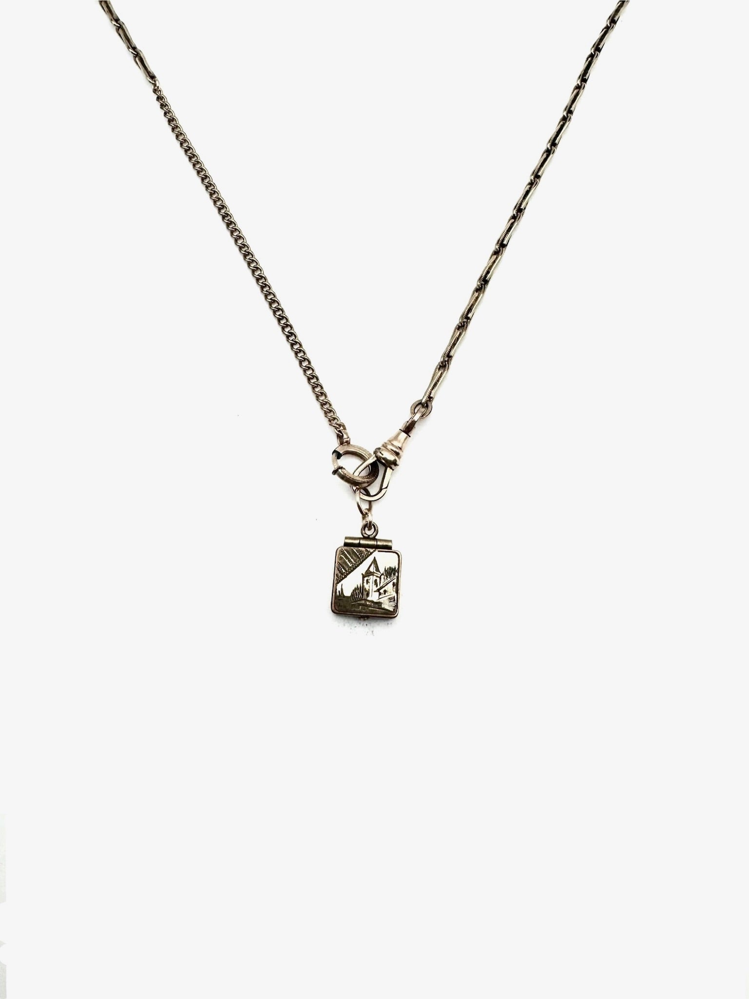 Victorian Engraved Castle Locket on Watch Chain - Stone Cooper