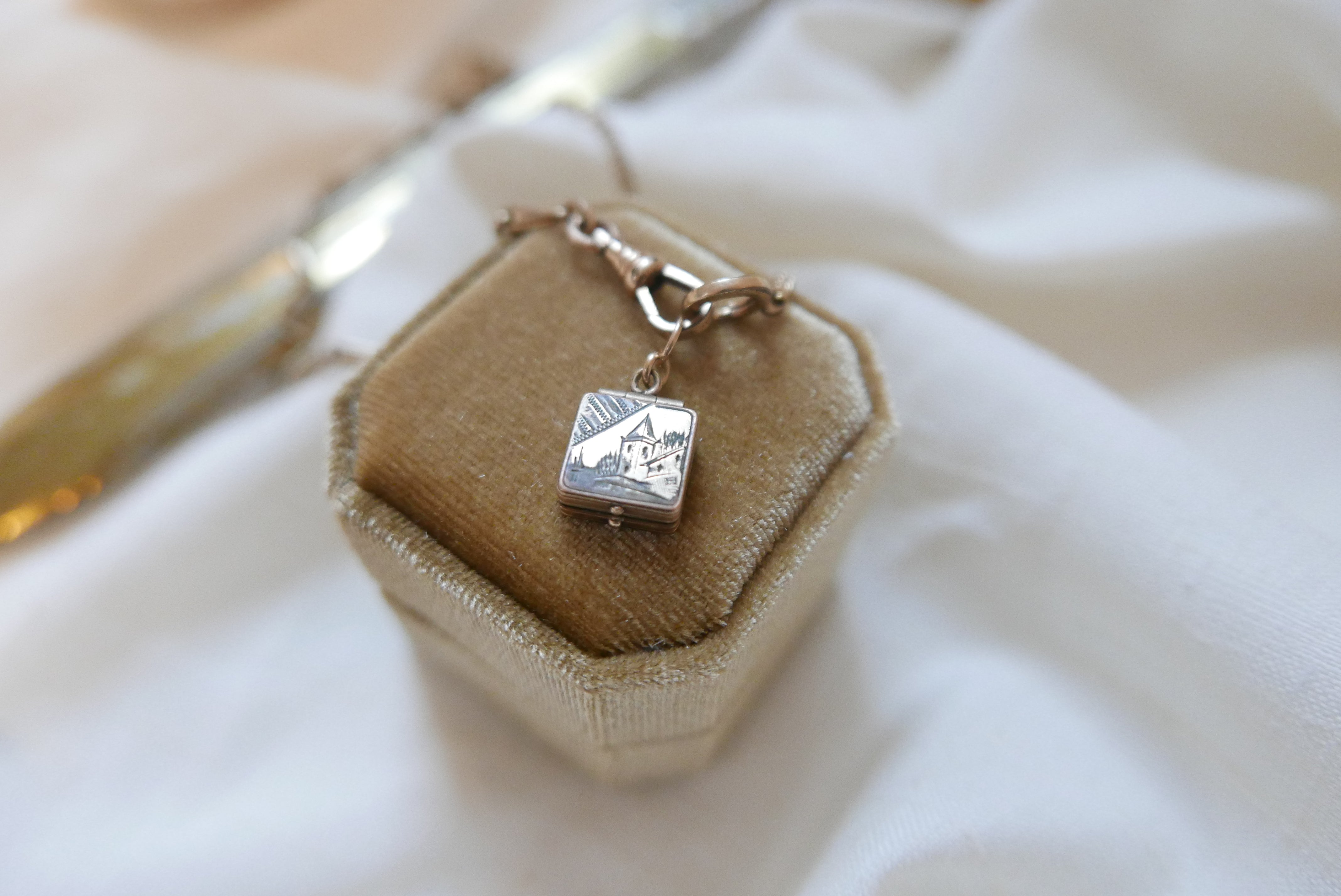 Victorian Engraved Castle Locket on Watch Chain - Stone Cooper