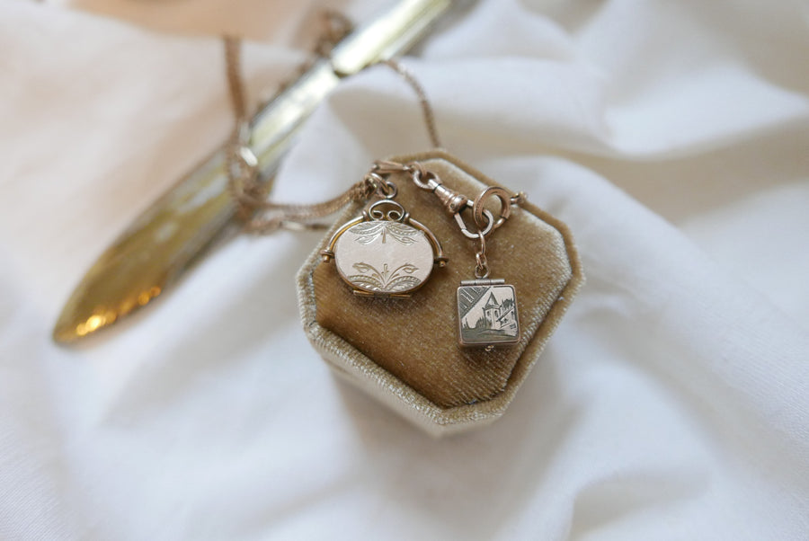 Victorian Engraved Castle Locket on Watch Chain - Stone Cooper