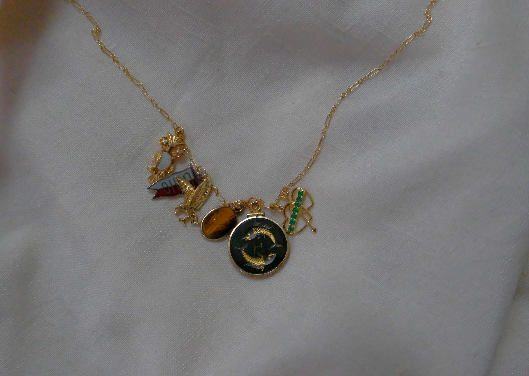 Vintage Gold-Filled Spinach Jade Intaglio Pisces Charm - Stone Cooper