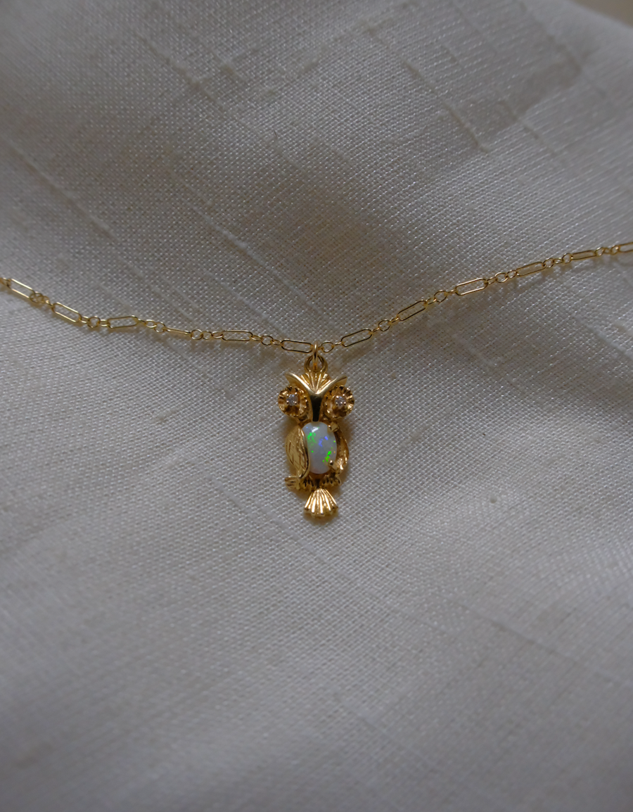 14K Opal Owl Charm with Diamond Eyes - Stone Cooper