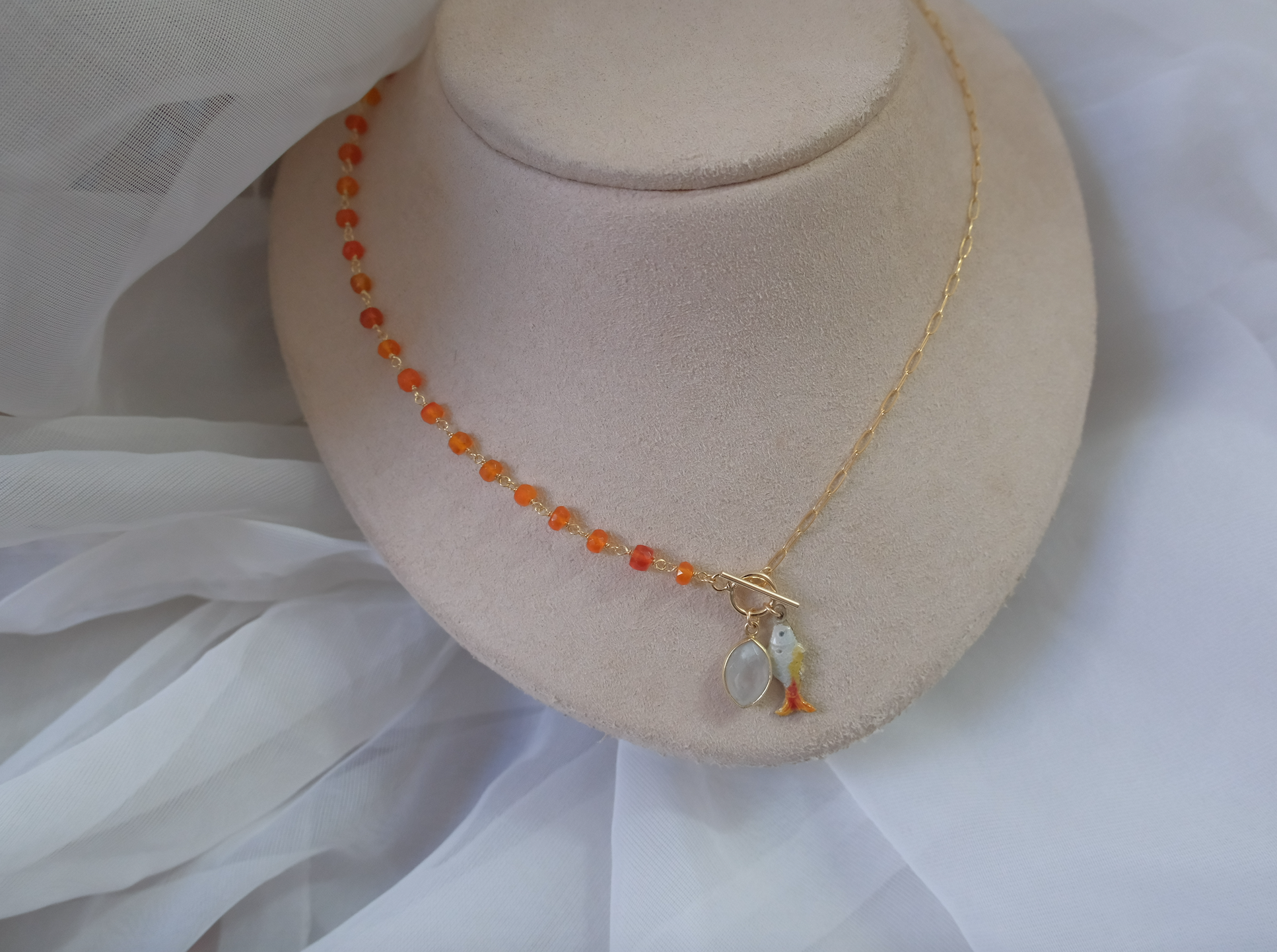 Lucky Fish Necklace (Carnelian & Moonstone) - Stone Cooper