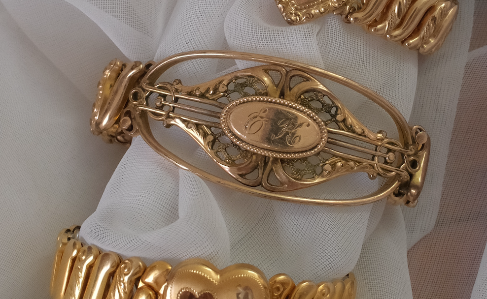 Engraved 'EK' Antique Gold Filled Expansion Bracelet - Stone Cooper