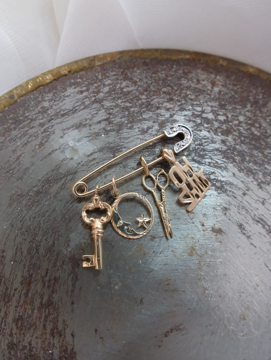 Antique 14K Gold Diamond Safety Pin Charm Holder/Link - Stone Cooper