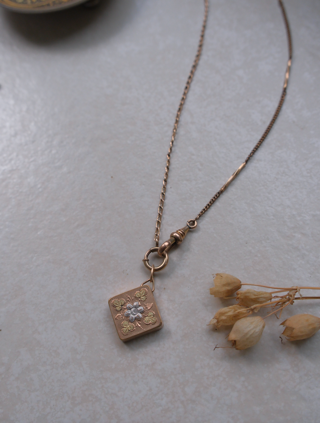 Margaret Gold-Filled Watch Chain, Floral Fob - Stone Cooper