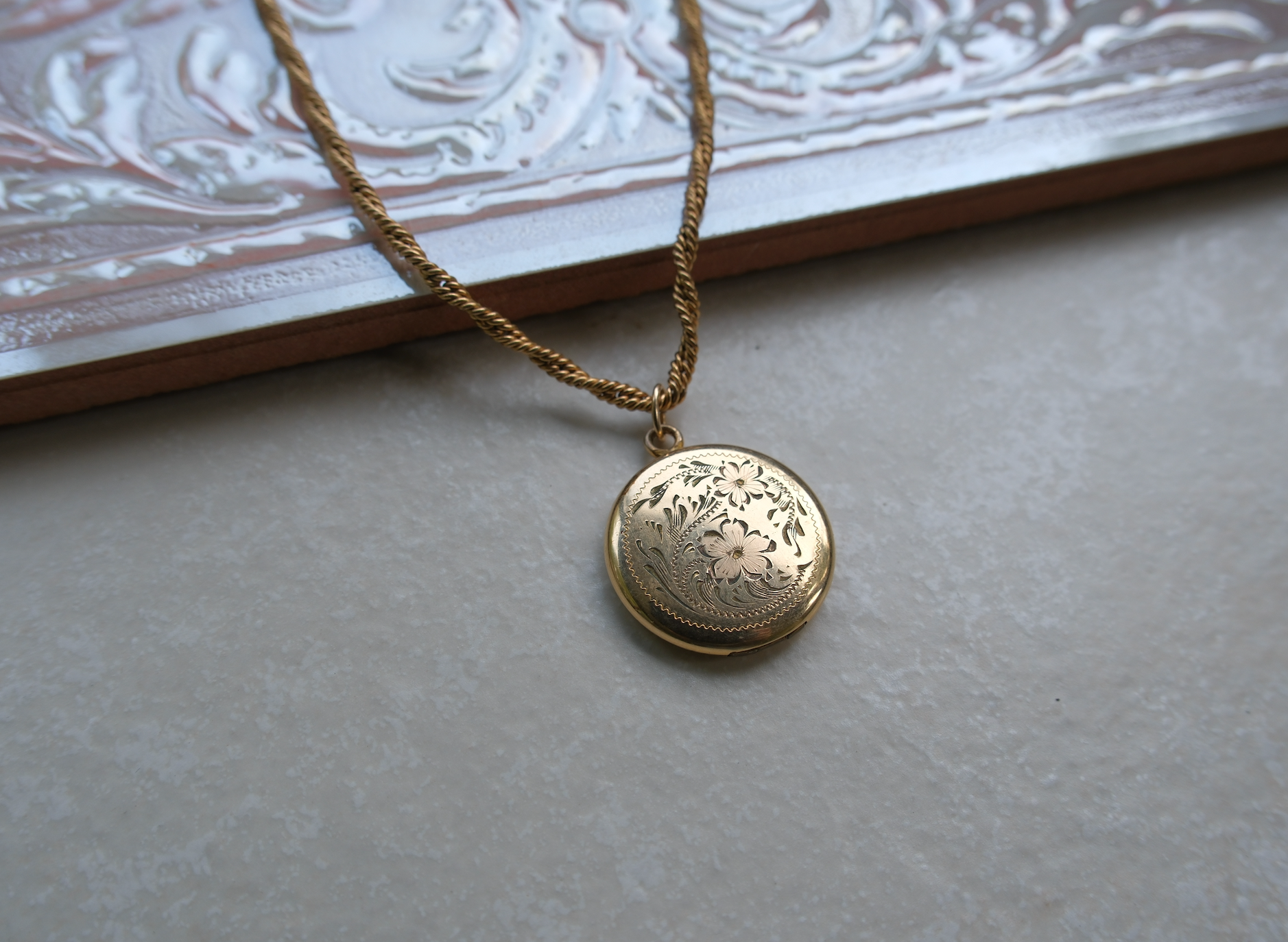 Faye Gold-Filled Engraved Flower Locket - Stone Cooper
