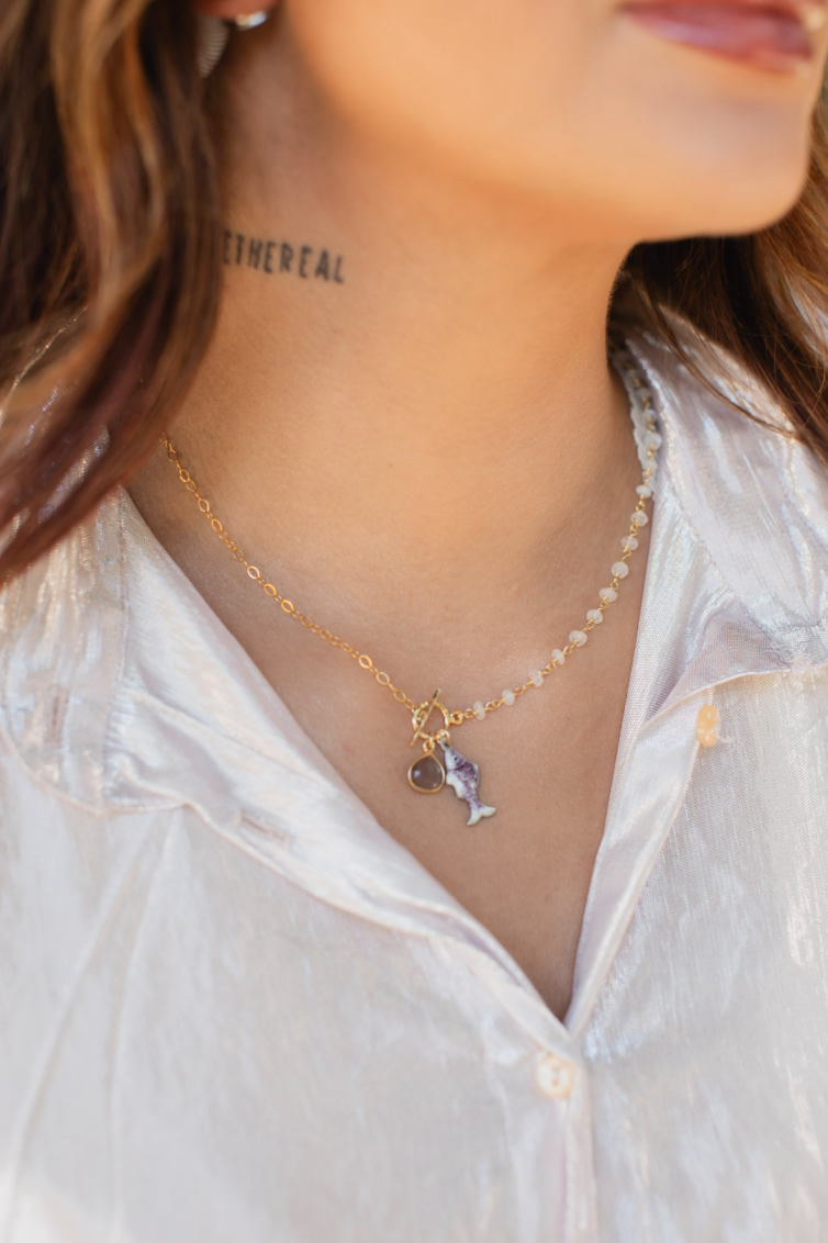Lucky Purple Fish Necklace with Moonstone - Stone Cooper