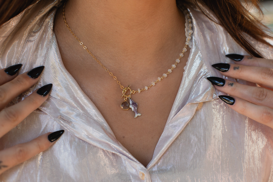 Lucky Purple Fish Necklace with Moonstone - Stone Cooper