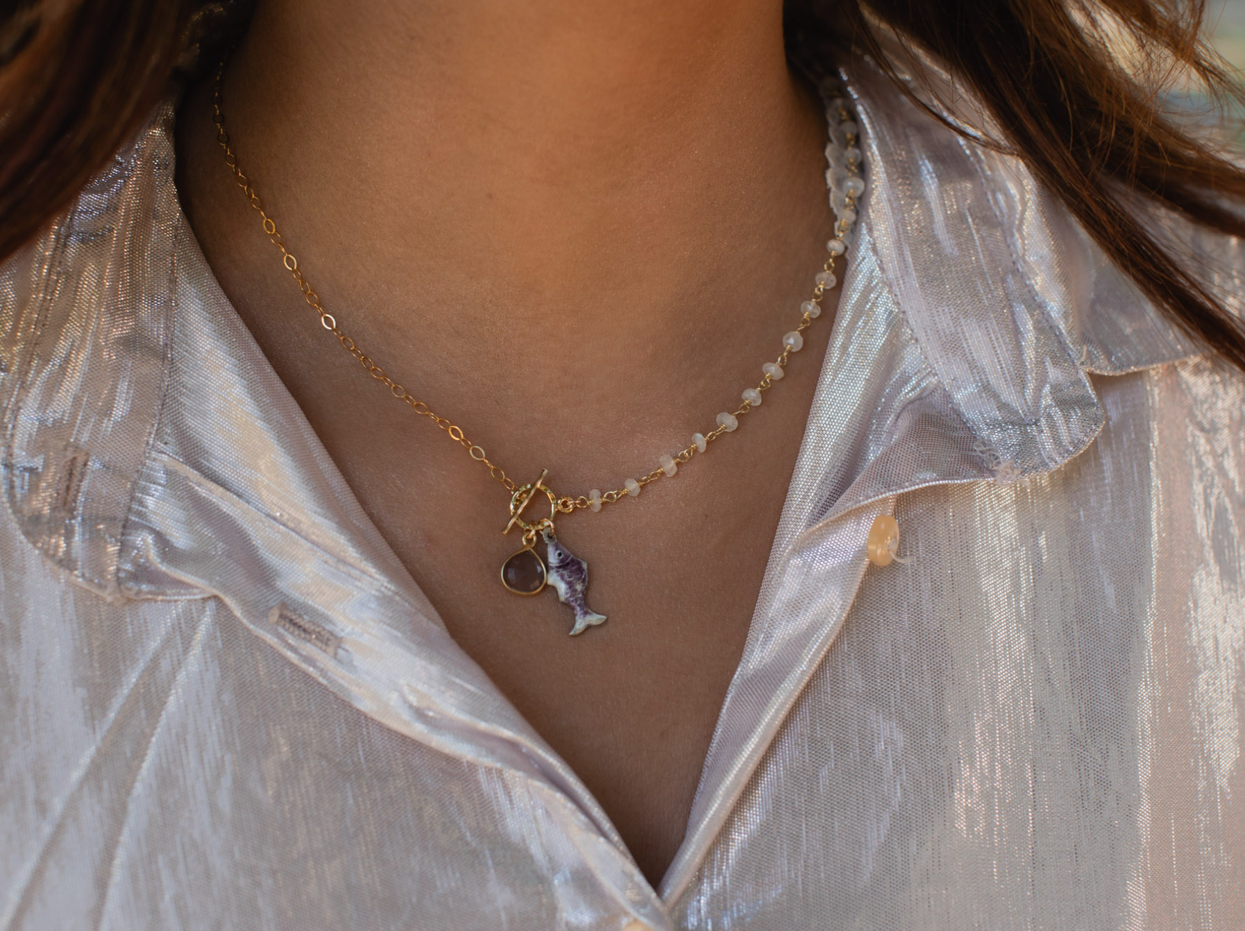Lucky Purple Fish Necklace with Moonstone - Stone Cooper
