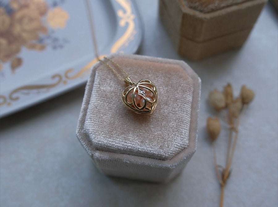 10K Antique Encased Pearl, Diamond Heart Cage Necklace - Stone Cooper