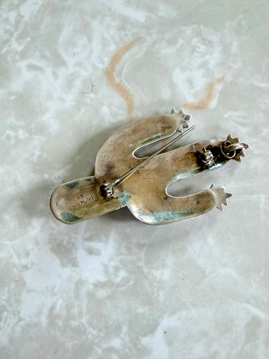 Vintage Sterling Silver Cactus Brooch with Gems