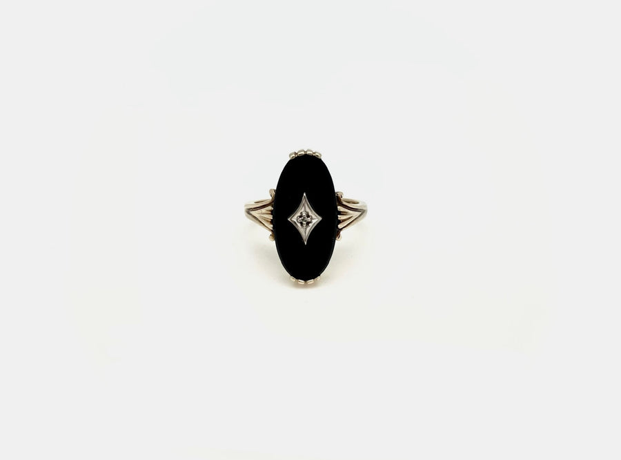 Onyx and Diamond 10K Marquis Estate Ring (6.5)