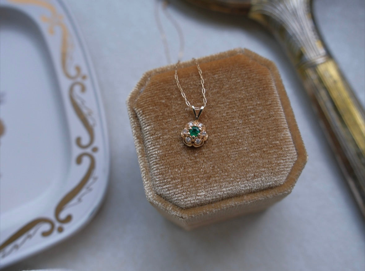 Vintage Emerald, Diamond Flower Necklace (14K) - Stone Cooper
