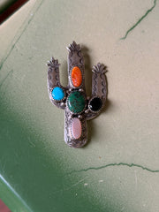 Vintage Sterling Silver Cactus Brooch with Gems