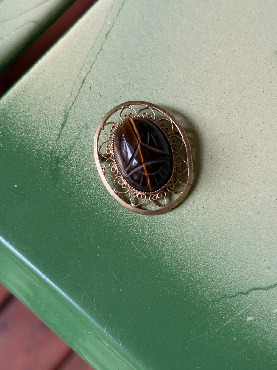 Vintage Gold-Fill Tiger's Eye Scarab Brooch
