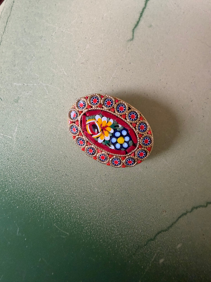 Vintage Micro-Mosaic Oval Bouquet Brooch - Large