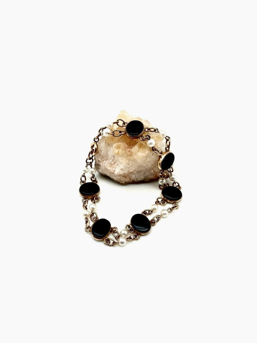 Gillian Onyx & Pearl Gold Fill Vintage Bracelet