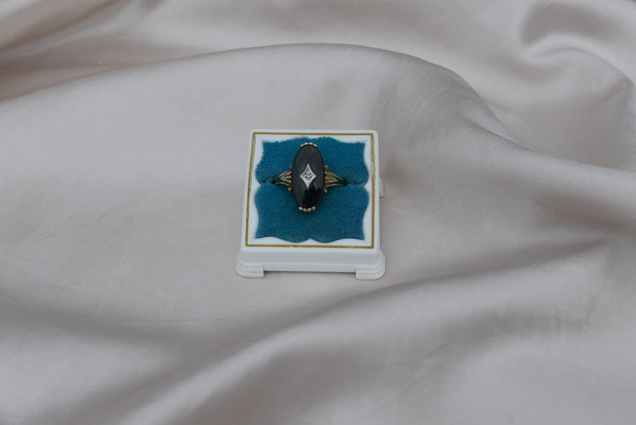 Onyx and Diamond 10K Marquis Estate Ring (6.5)