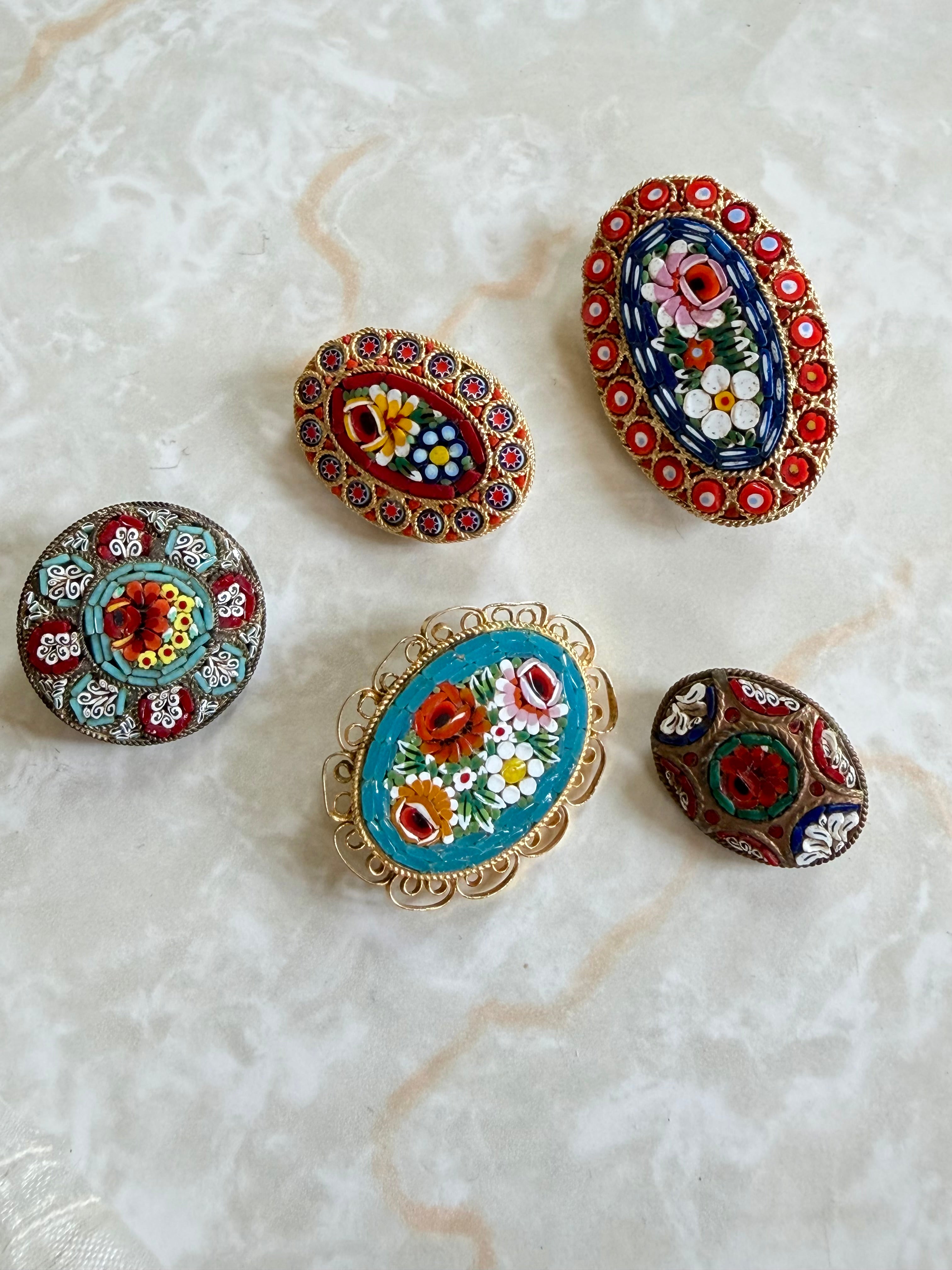 Vintage Micro-Mosaic Teal Bouquet Brooch