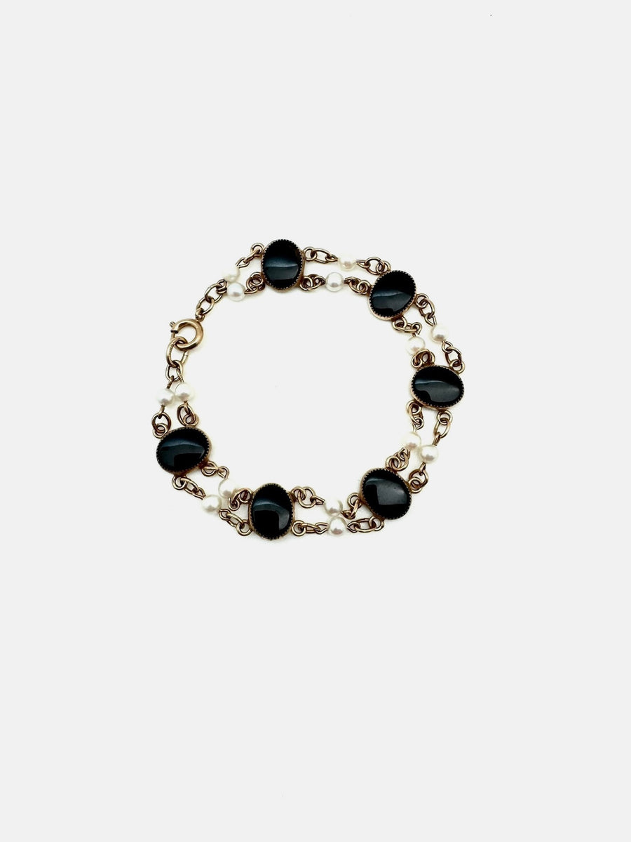 Gillian Onyx & Pearl Gold Fill Vintage Bracelet