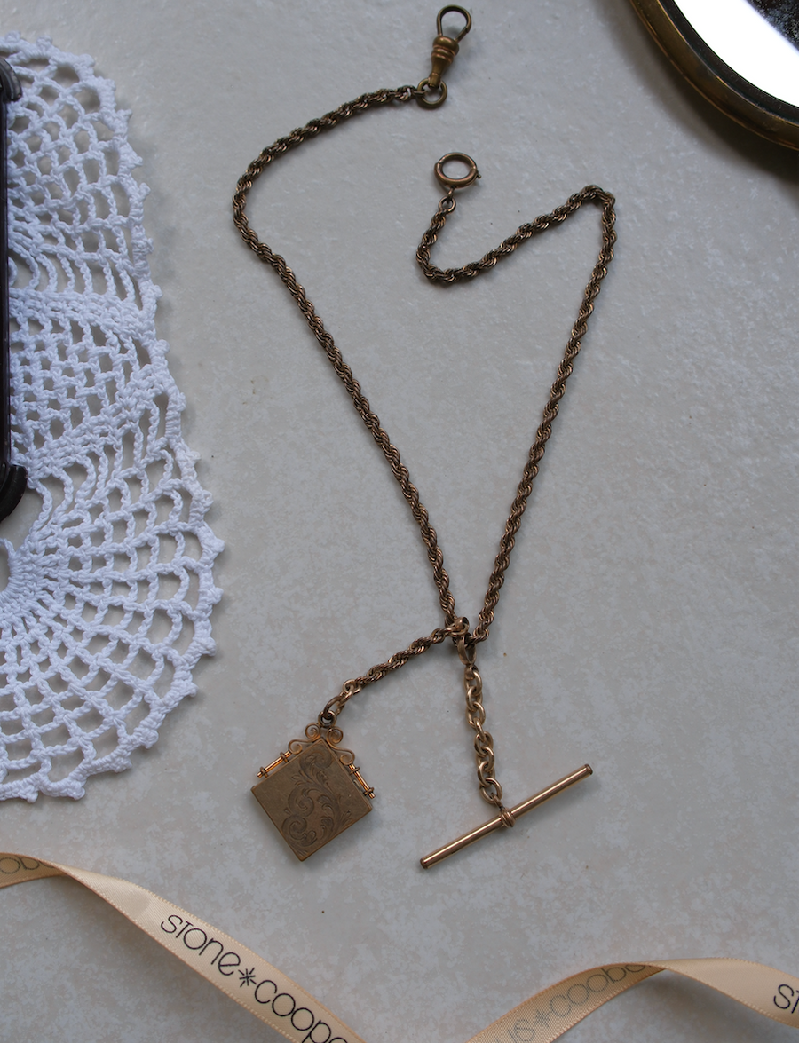 ** Double*. Antique Gold-Filled Square Locket, T-Bar Watch Chain