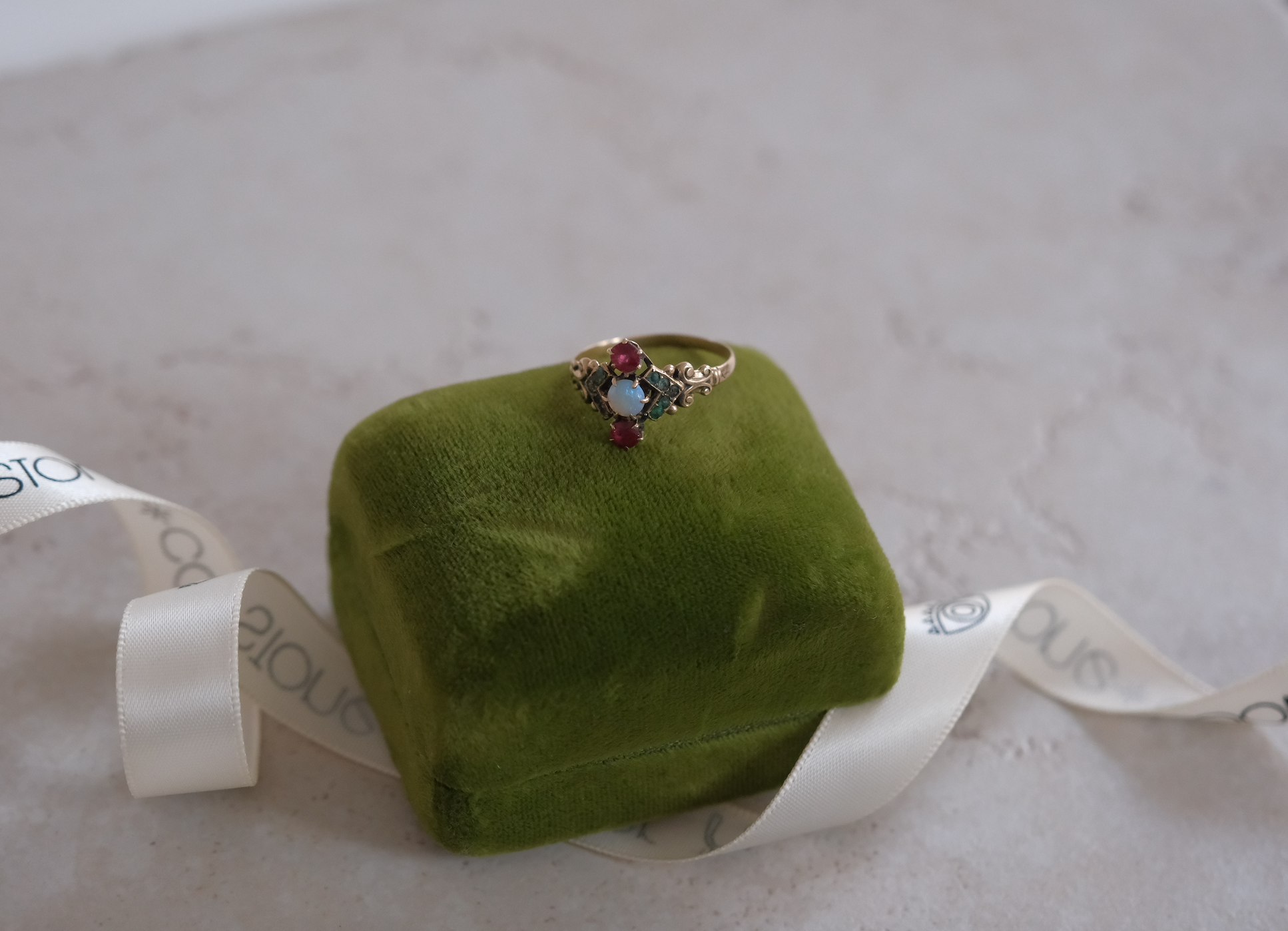 9K Victorian Opal, Garnet, Emerald Ring (7.5) - Stone Cooper