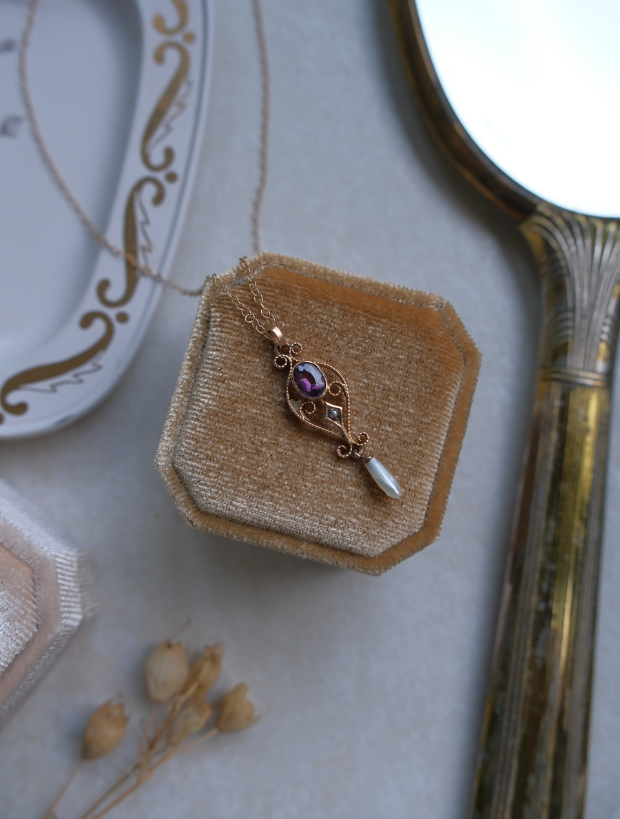 10K Antique Amethyst Pearl Lavalier Necklace