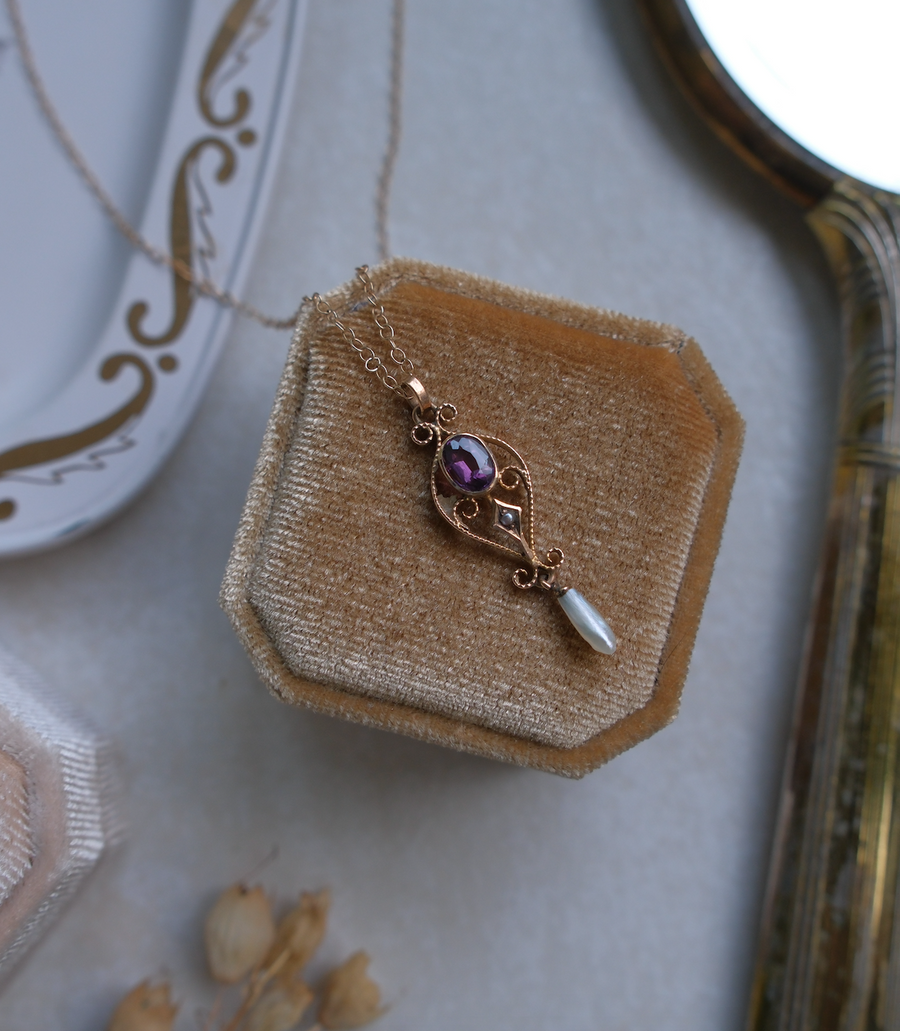 10K Antique Amethyst Pearl Lavalier Necklace