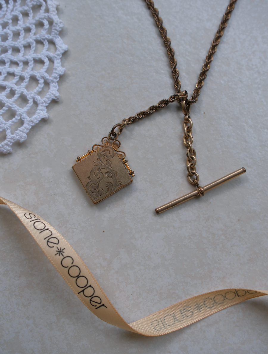 ** Double*. Antique Gold-Filled Square Locket, T-Bar Watch Chain