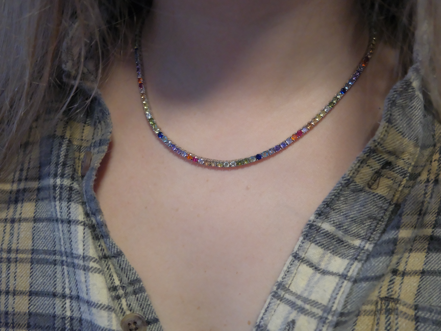 Sterling Rainbow Gem Tennis Necklace