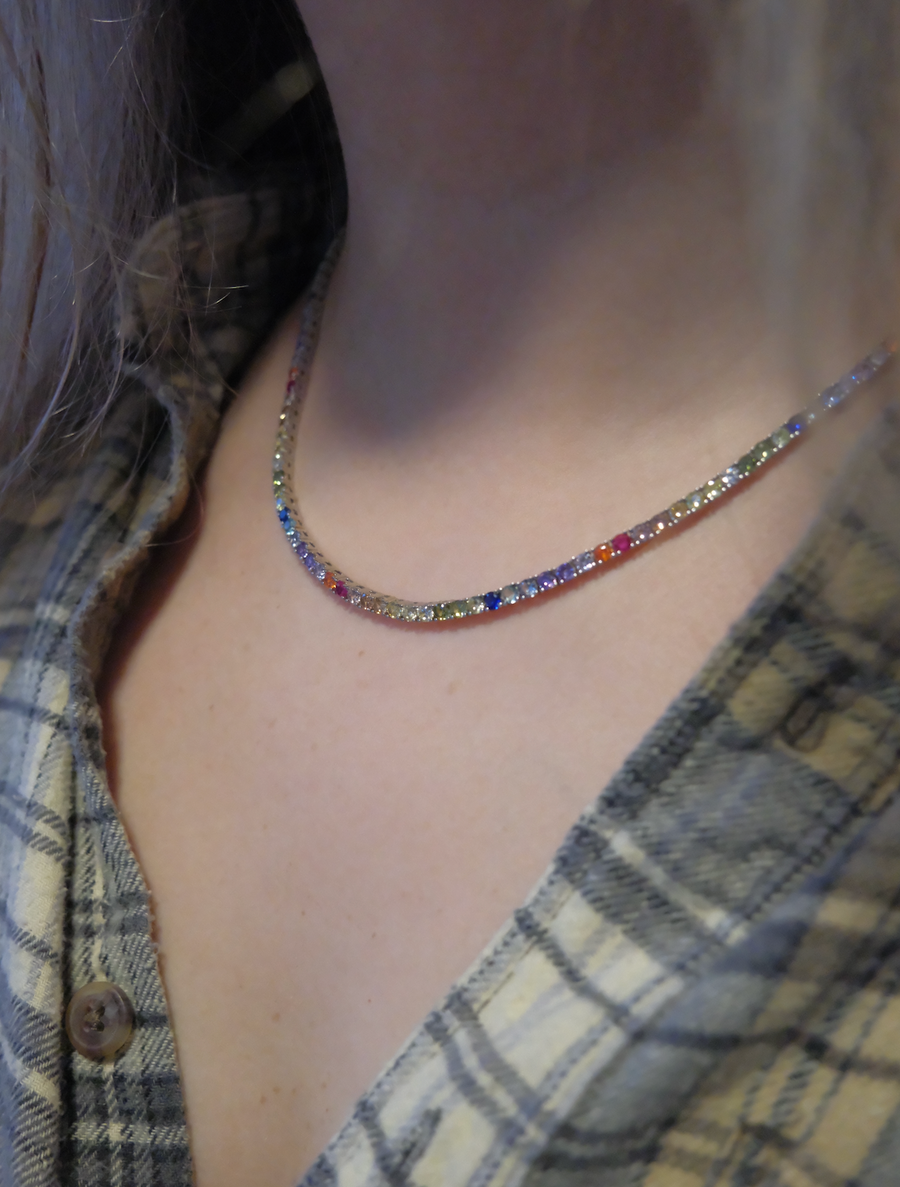 Sterling Rainbow Gem Tennis Necklace