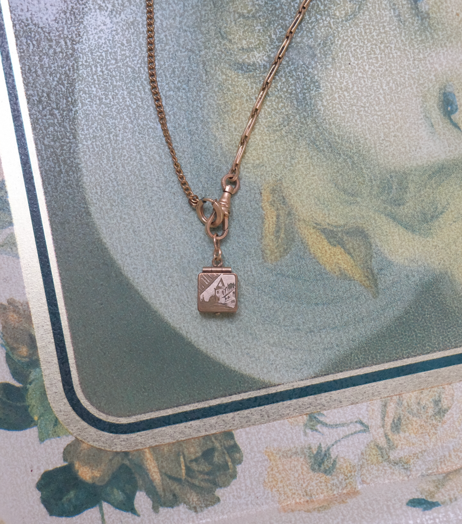 Victorian Engraved Castle Locket on Watch Chain - Stone Cooper