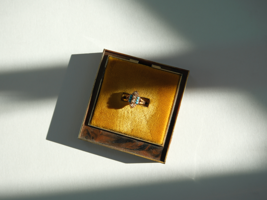 Victorian 14K Turquoise, Pearl Navette Ring (4.5) - Stone Cooper