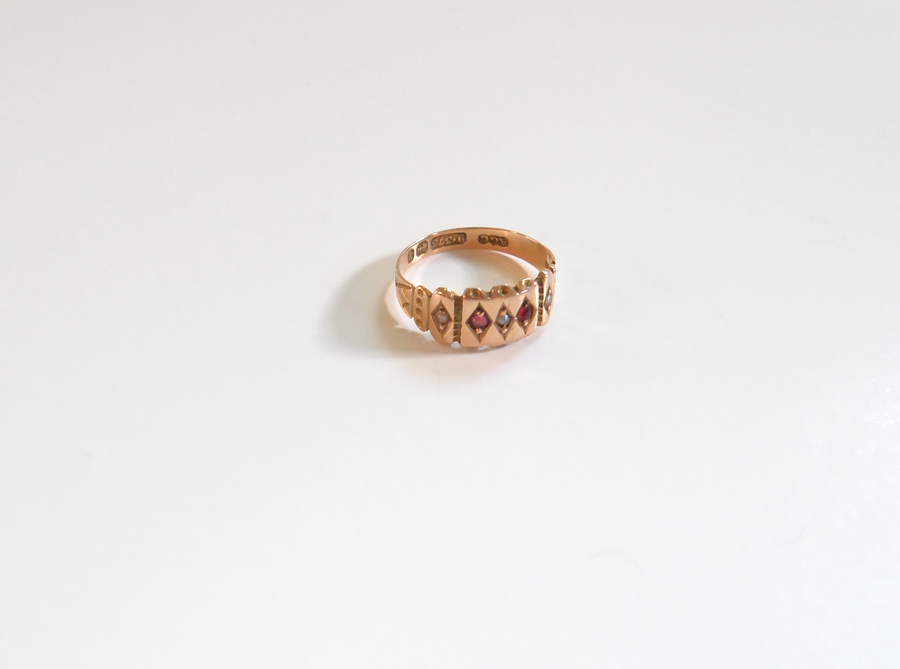 9K Victorian Ruby & Pearl Ring (6.75)