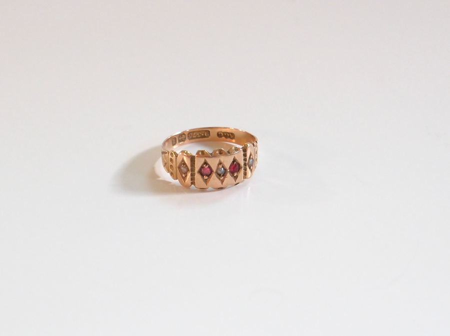 9K Victorian Ruby & Pearl Ring (6.75)