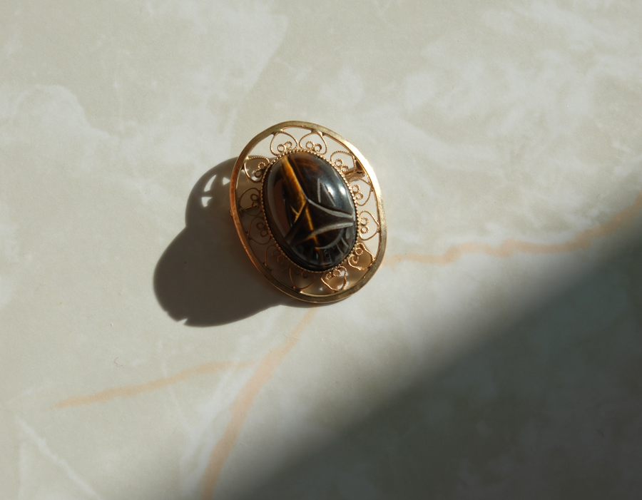 Vintage Gold-Fill Tiger's Eye Scarab Brooch