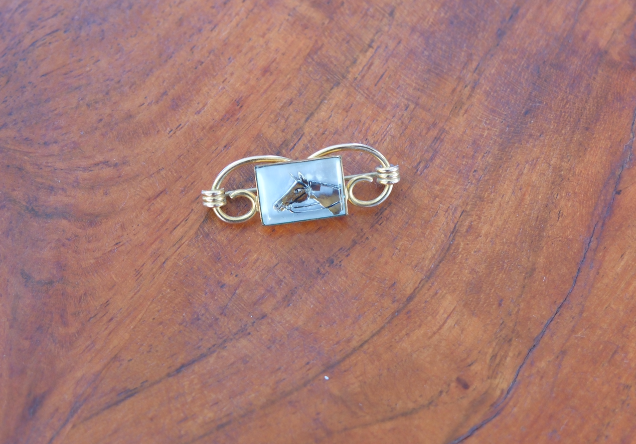 Vintage Reverse-Painted Horse Pin, Gold-Filled