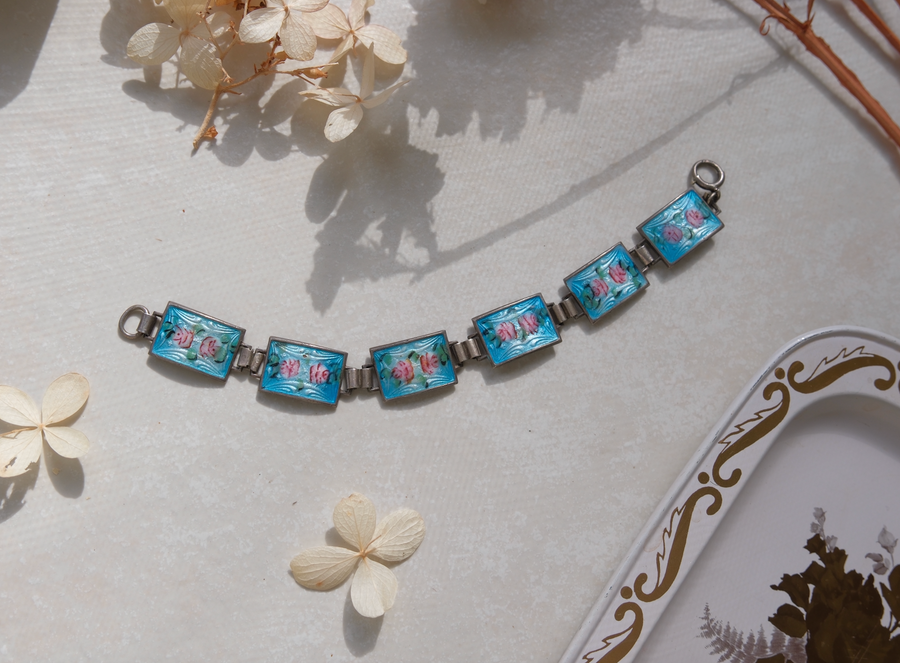 Virginia Guilloche Sterling Flower Bracelet, Blue and Pink - Stone Cooper
