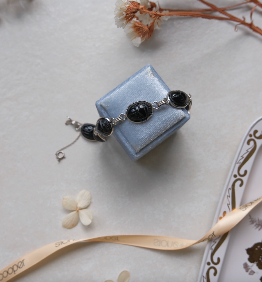 Agnes Onyx Silver Scarab Bracelet - Stone Cooper
