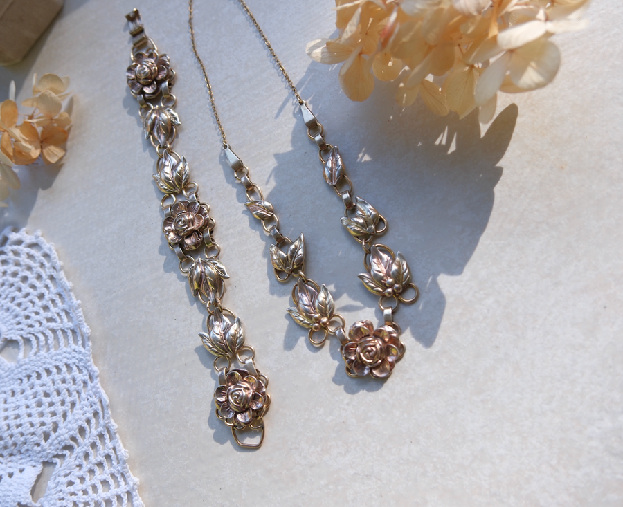 Phyllis Rose and Leaf Necklace, Bracelet Set - Stone Cooper