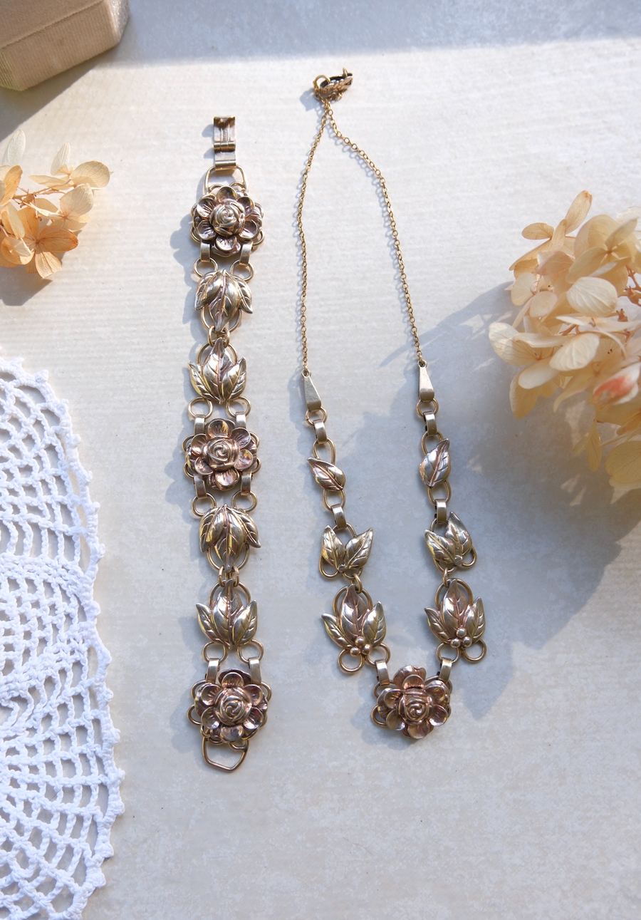 Phyllis Rose and Leaf Necklace, Bracelet Set - Stone Cooper